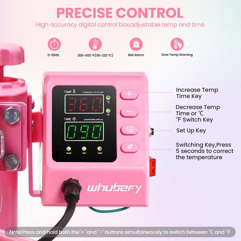 Máquina de prensado térmico rosa de 15''x12'' para camisetas, máquina de transferencia térmica 5 en 1, prensa de impresión térmica para sublimación combinada con giro de 360° para gorras, tazas y platos, fácil de usar para principiantes, diseño de regalos