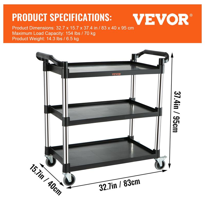 Carro de servicio móvil VEVOR de PVC resistente con 3 estantes - Capacidad de 75 kg, ruedas giratorias con bloqueo, asa ergonómica, soporte plegable con ruedas, estantes organizadores estables, ideal para artículos del hogar, hoteles y almacenes.