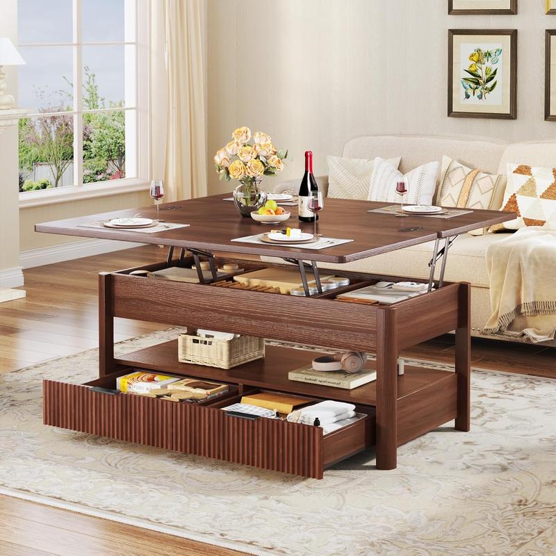 【Summergarden】Mesa de centro elevable de 101 cm (40"), mesa de centro cuadrada 4 en 1 con estante de almacenamiento y 2 cajones, mesas de centro modernas con tablero elevable, se convierte en mesa de comedor para sala de estar, oficina en casa, nogal