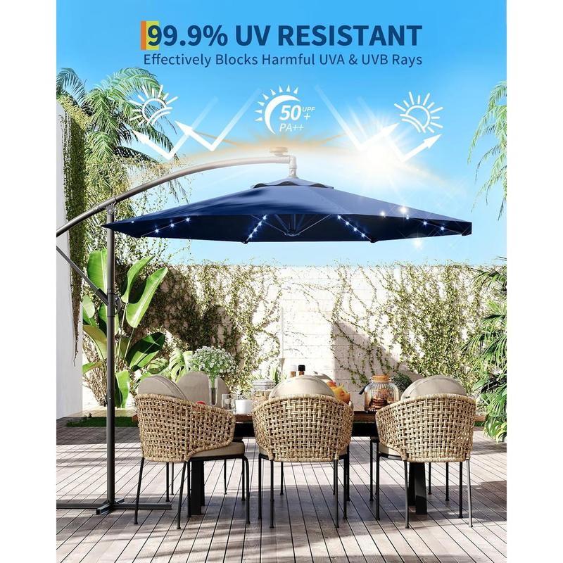 Sombrilla de patio voladiza de 3 metros con inclinación infinita | Luces LED solares, base en cruz y gran sombrilla para exteriores, ideal para jardín, piscina o césped.