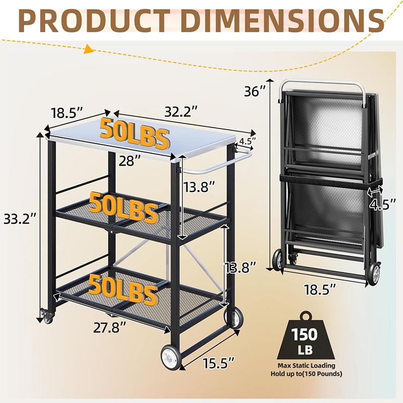 Mesa de barbacoa exterior de acero inoxidable con soporte para horno de pizza, mesa plegable de 3 niveles con ruedas, isla de cocina portátil para apartamentos, estudios y cocinas en el patio trasero, acabado negro.