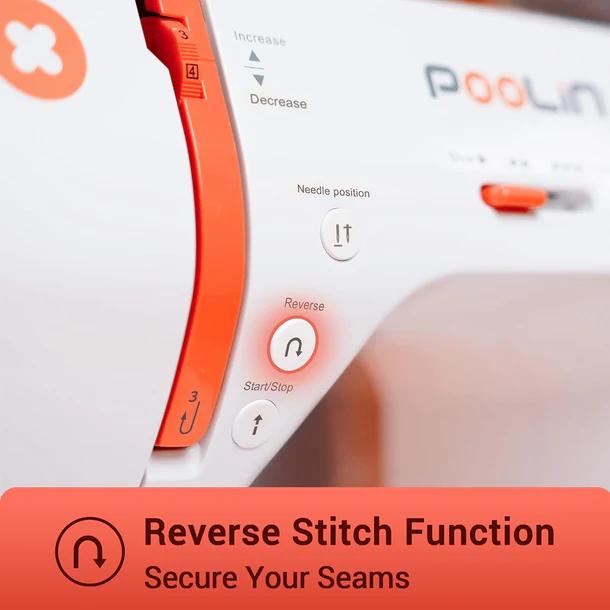 Máquina de coser electrónica PooLin EOC02RE, ideal para principiantes, modelo doméstico multifuncional con puntada invisible, opciones alfabéticas para costura DIY, puntadas incorporadas.