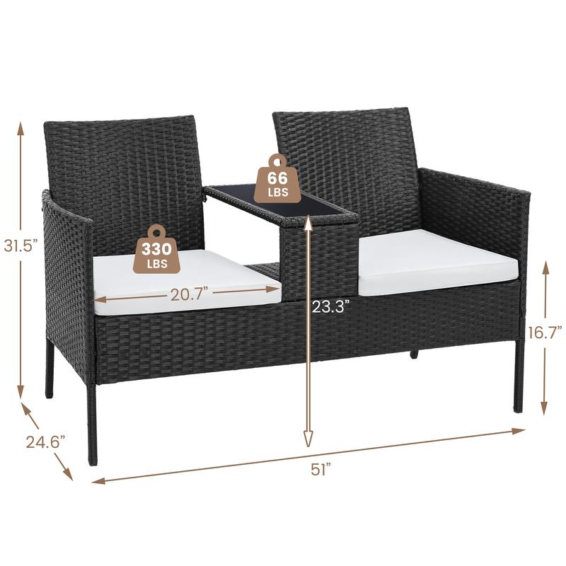 Conjunto de conversación de mimbre para patio de 2 plazas, sofá de dos plazas de ratán para exteriores con mesa, fundas de cojín lavables, patio trasero, jardín, césped, ratán negro con cojín negro, jardín de verano, decoración del hogar, artículos esenci