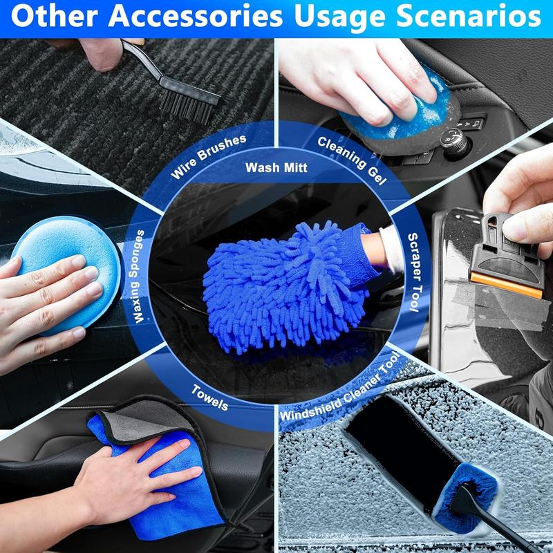 Kit de lavado de autos THINKWORK, kit de detallado de autos con pistola de espuma, cepillo, mopa y cubo plegable grande, adecuado para la limpieza de autos, set de lavado de autos azul, regalo para hombres y mujeres.