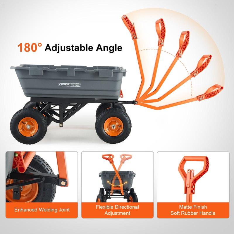 Carro de jardín de polietileno con estructura de acero de fácil montaje, asa convertible 2 en 1, neumáticos de 13 pulgadas, capacidad máxima de 1500 libras, carretilla utilitaria para mayor productividad en el jardín.