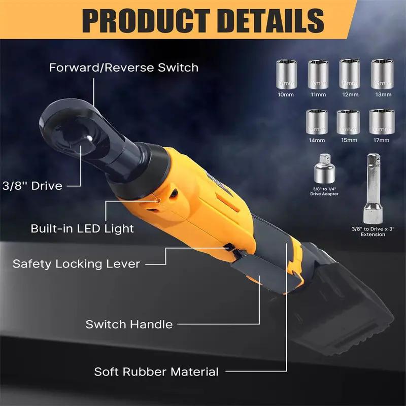 Llave de carraca eléctrica inalámbrica sin escobillas de 3/8" para batería de iones de litio Dewalt de 20 V, herramienta de alta potencia con luz LED y 9 ​​vasos, color amarillo.