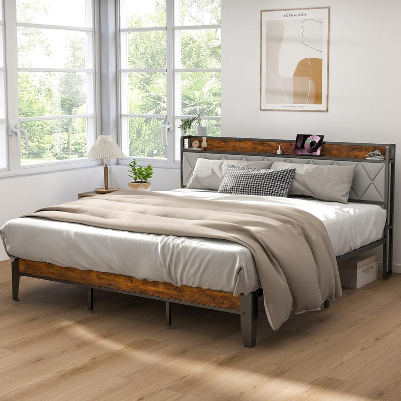 Estructura de cama completa con cabecero, espacio de almacenamiento debajo de la cama, puertos de carga integrados, diseño robusto y silencioso, montaje sin herramientas, no requiere somier.