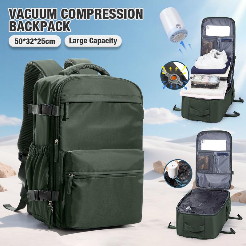 Mochila de viaje con cierre hermético al vacío, diseño unisex, tamaño homologado como equipaje de mano para viajes en avión, mochila portátil con bomba y sistema de vacío, color negro/verde/gris-marrón.