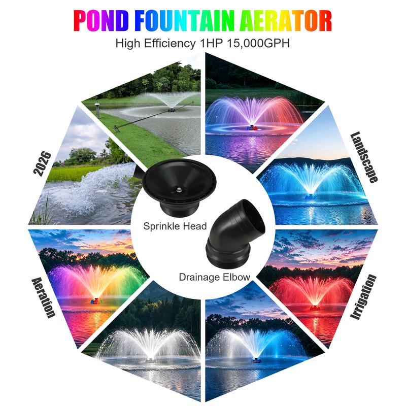 Aireador para fuente de estanque Goldlife F4, con 4 luces RGB, 110 V, 1 HP, 750 W, 15000 GPH, cable de alimentación de 30 m, potente bomba aireadora para fuentes de agua exteriores, estanques pequeños y grandes, lagos y jardines.