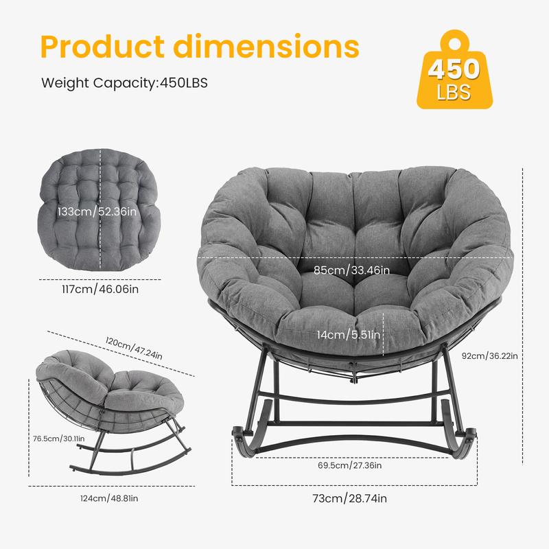 Silla mecedora tipo huevo extragrande y resistente Sweetcrispy con cojín, capazo de soportar hasta 204 kg (450 lbs), apta para todo tipo de clima, ideal para patio, jardín o sala de estar.