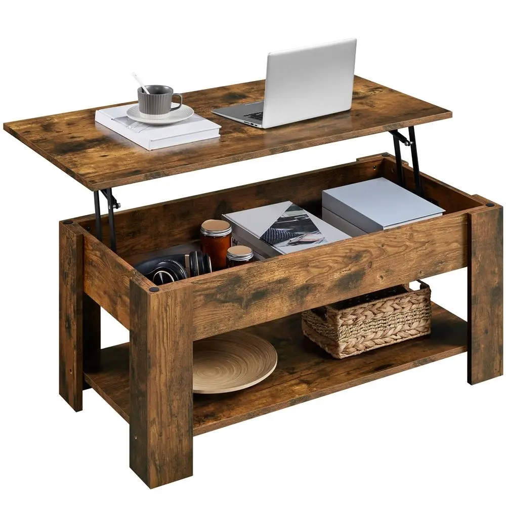 Mesa de centro elevable Yaheetech con compartimento oculto y 2 estantes abiertos. Diseño multiusos. Elevador a gas. Ideal para espacios pequeños. Perfecta para sala de estar, oficina o el hogar.