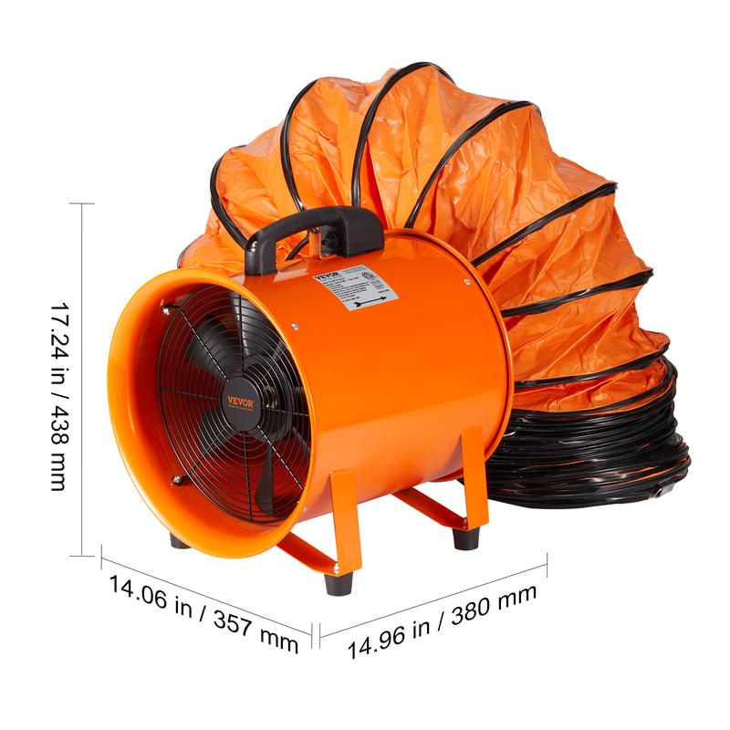 Ventilador portátil, ventilador cilíndrico de alta resistencia de 12 pulgadas con manguera de conducto de 16.4 pies, potente soplador de extracción industrial de 585 W y 3198 CFM, soplador industrial para aspirar polvo y humo en el hogar o el lugar de tra