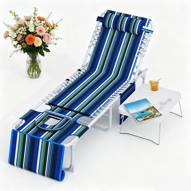 Tumbona de exterior 3 en 1 con orificio para la cara, mesa auxiliar plegable y almohada extraíble, 5 posiciones de reclinación ajustables, banco resistente para patio, piscina, jardín y playa, carga máxima de 150 kg.