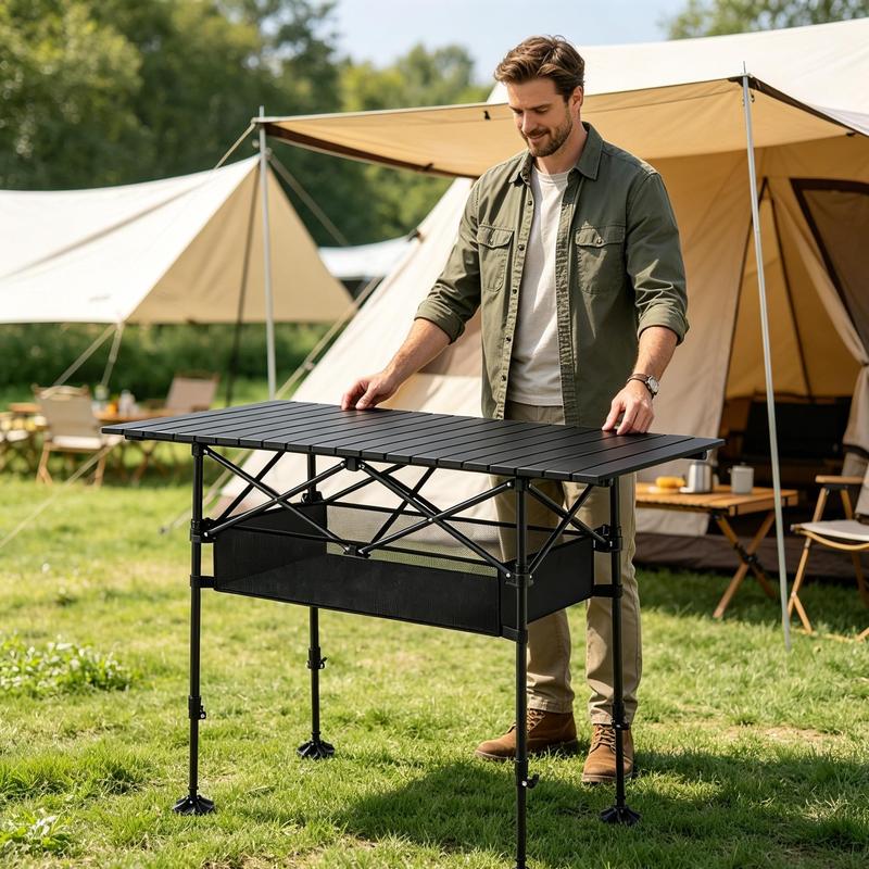 Mesa de picnic plegable portátil AORAN para exteriores, con estructura de acero resistente, mesa plegable ultraligera y compacta con gran cesta de almacenamiento de malla, diseño desmontable para playa, camping, viajes, barbacoas en el jardín y picnics.