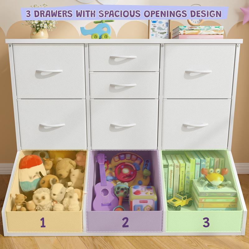 Organizador de almacenamiento Raybee de 99 cm de ancho con 7 cajones con cierre, 3 cajones con diseño de apertura espaciosa, estantería alta y librería para niños y niñas, cómoda moderna, mueble para el hogar que ahorra espacio para sala de juegos, aula, 