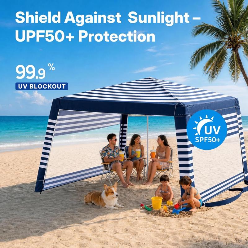 Cabaña de playa, tienda de playa de 8 x 8 pies con protección UPF50+, toldo de playa fácil de montar, resistente al viento, toldo de playa compacto y plegable, refugio solar, azul y blanco, ideal para vacaciones, acampada al aire libre en la playa en vera