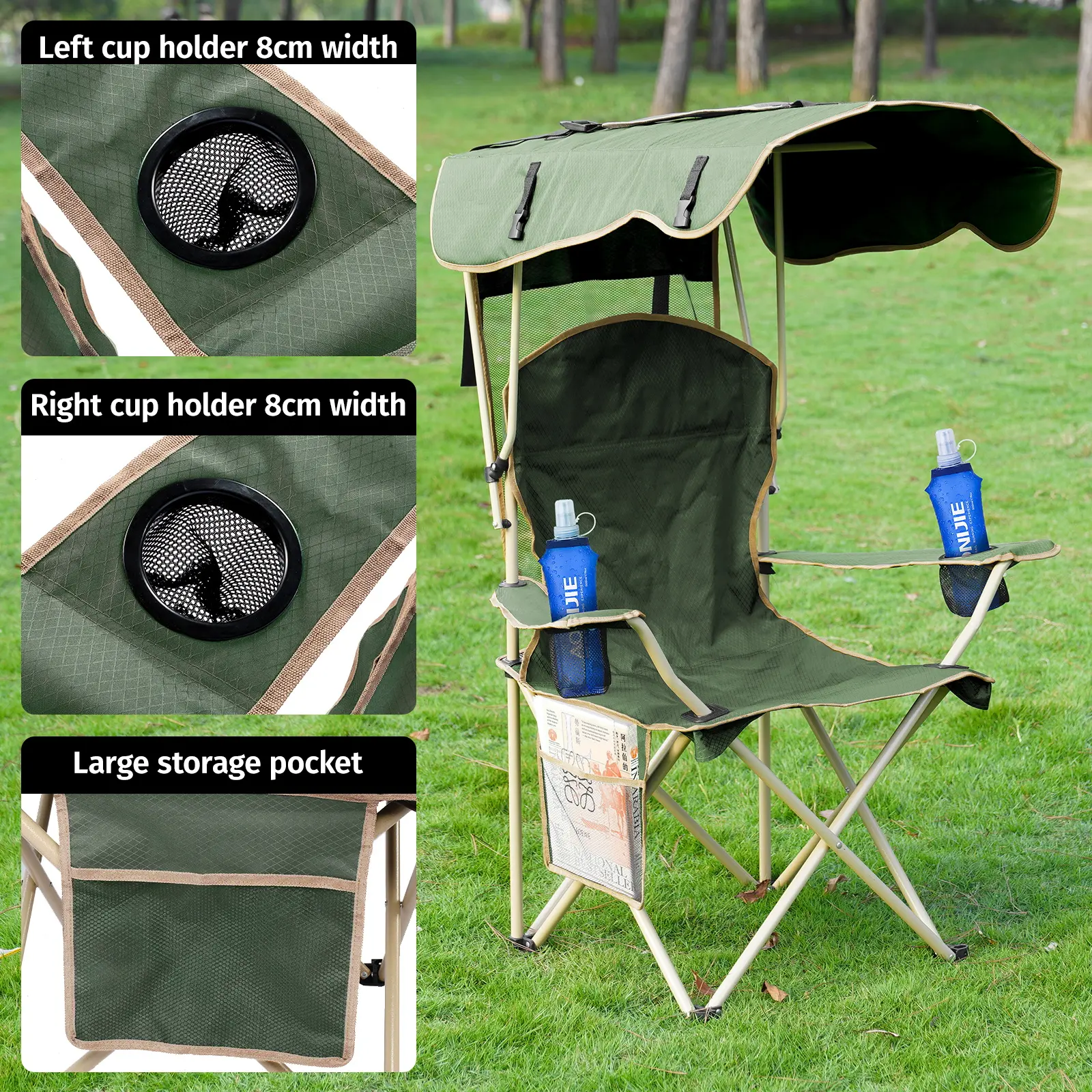 Silla de camping plegable y ancha con parasol