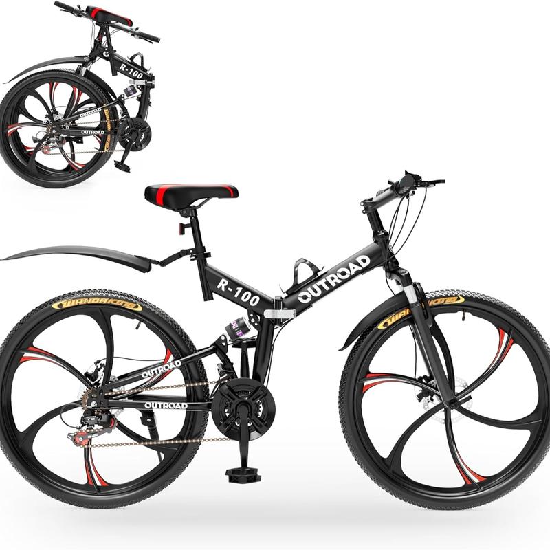 Bicicleta de montaña plegable unisex Outroad de 26 pulgadas - 21 velocidades, cuadro plegable compacto de acero de alto carbono, suspensión completa, frenos de disco dobles, bicicleta de ciclismo para adultos, negro/naranja/verde