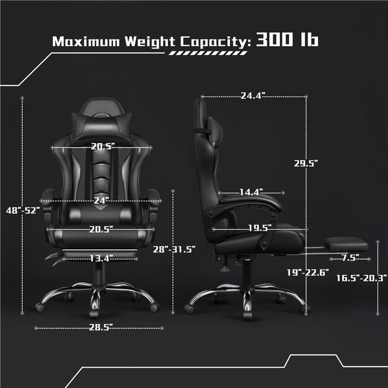 Silla ergonómica para videojuegos con soporte lumbar con masaje, reposapiés y reposacabezas retráctiles – Silla de oficina reclinable de cuero sintético, silla de escritorio giratoria con ruedas para jugadores altos.