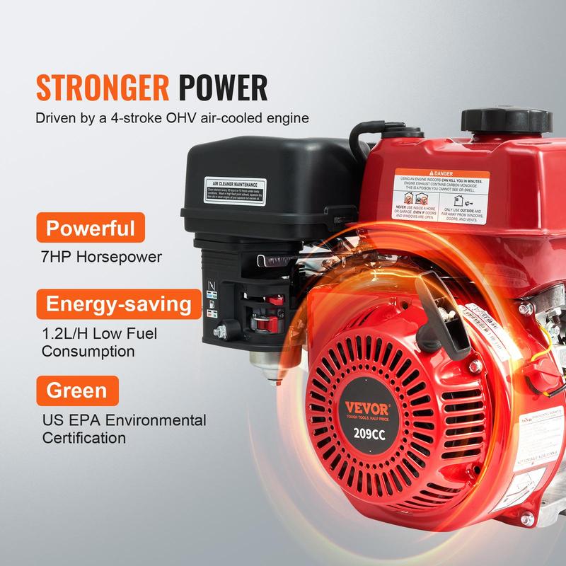 Bomba de lodos de gasolina de alta resistencia, 50 mm (2 pulg.), motor de 4 tiempos y 7 HP, bomba de transferencia de agua de 132 GPM, manguera de salida de 7,62 m (25 pies), elevación máxima de 30 m (98 pies), succión de 8 m (26 pies), impulsor de hierro