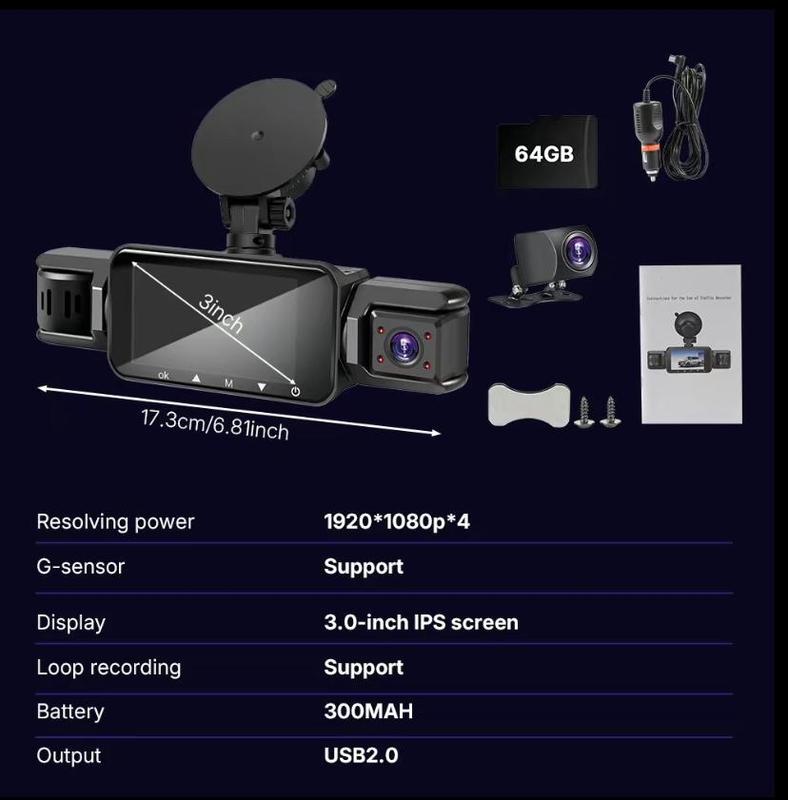 Cámara de salpicadero de 4 canales con visión envolvente de 360°. Incluye cable OBD GRATIS para monitorización de aparcamiento 24/7. Grabación con 4 lentes: frontal, trasera, interior, izquierda y derecha. Pantalla de 3", WiFi integrado, tarjeta de 64 GB.