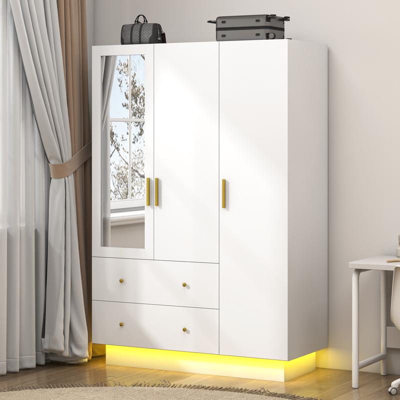 Armario moderno de 2/3 puertas con espejo, 2 cajones y luces LED RGB, armario con barra para colgar ropa para almacenamiento en el dormitorio, artículos esenciales para dormitorios, decoración del hogar