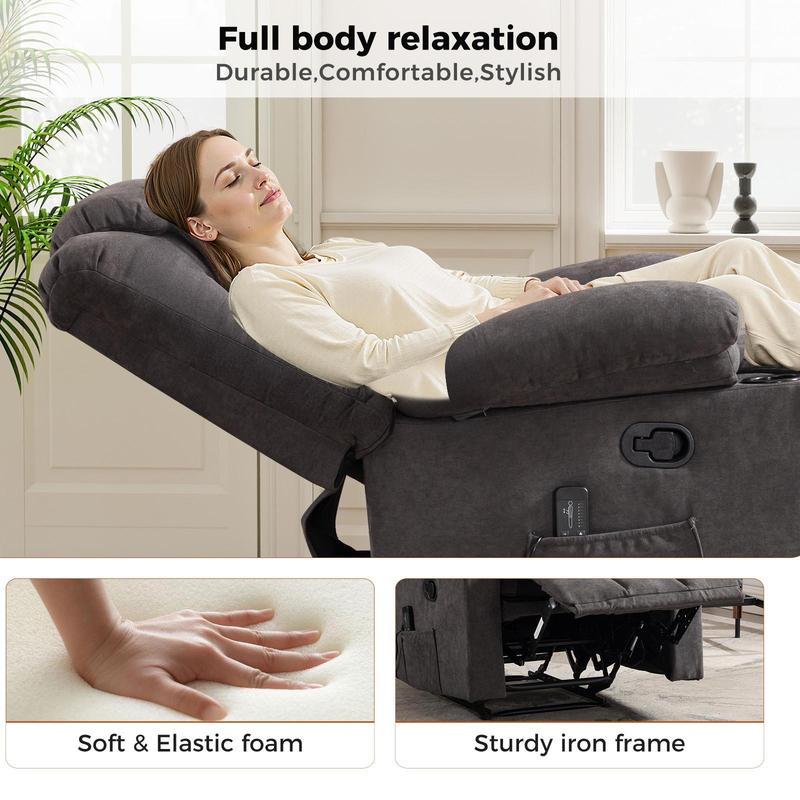 [DealsForYouDays] Sillón reclinable manual EBELLO con masaje y calor, sillón reclinable de tela con portavasos y bolsillos de almacenamiento, cómodo y transpirable para la sala de estar.