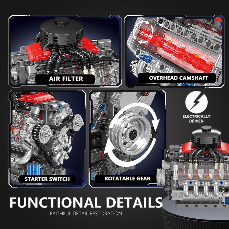 Kit de construcción de motor V8 funcional Kit de construcción de motor V8 eléctrico Juguetes de bloques de construcción de motor V8 Impulsado eléctricamente 487 piezas Kit de modelo Engranajes en funcionamiento Para entusiastas de la ingeniería mecánica R