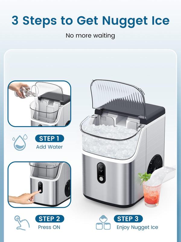 Máquina de hielo COWSAR Nugget para encimera, máquina de cubitos de hielo blandos y masticables, fabricación rápida de hielo con un solo botón, 15,4 kg/día, autolimpiante, máquina de hielo portátil de acero inoxidable.