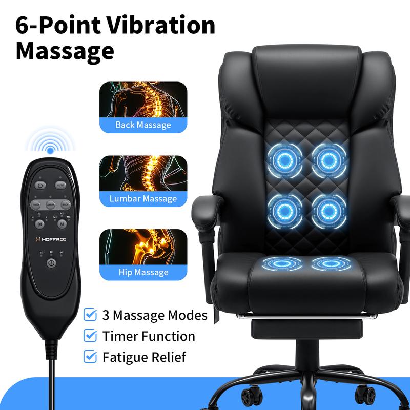 Silla de oficina con masaje HOFFREE de 181 kg con reposapiés, vibración de 6 puntos, ergonómica, ejecutiva, reclinable, con respaldo alto, color negro.