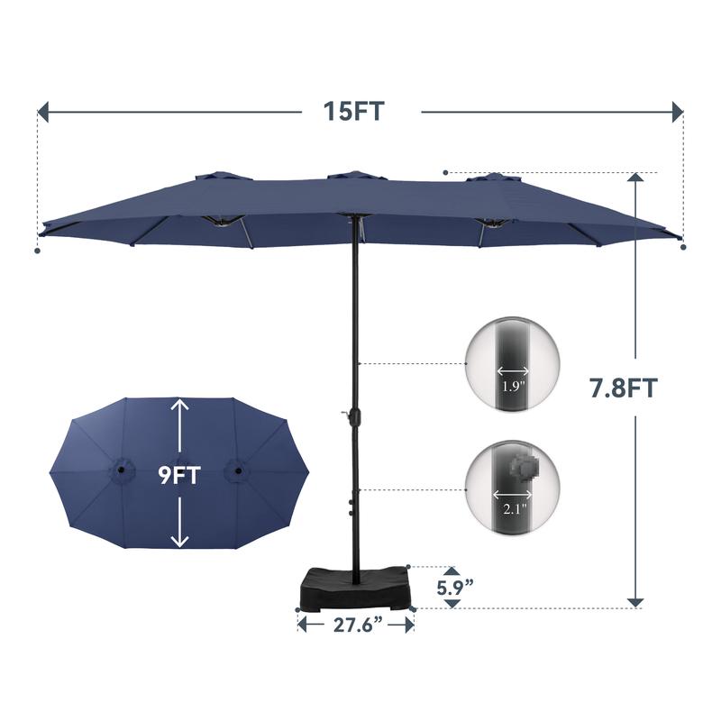 [Ambiente veraniego] Sombrilla de patio extragrande de 4,5 m con doble cara, base y luces LED - Estructura de acero grande, protección UV, base metálica incluida, manivela práctica