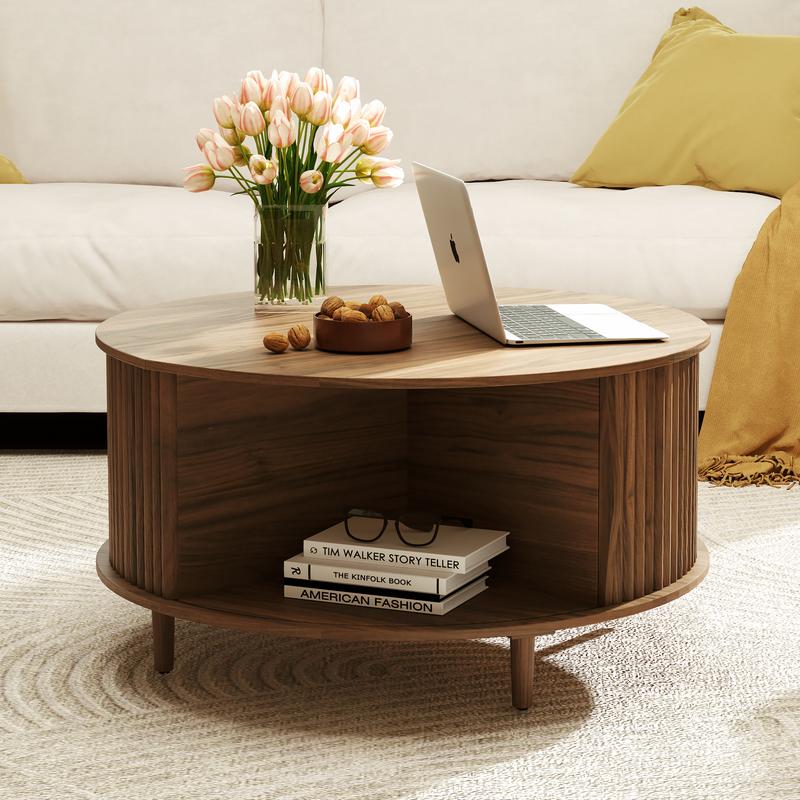 Mesa de centro moderna de mediados de siglo con almacenamiento - Mesa de centro de 80 cm (31,5") con puerta corrediza de nogal para espacios pequeños