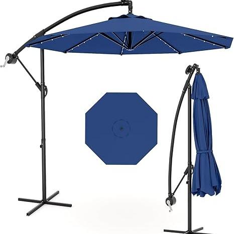 Sombrilla de patio voladiza de 3 metros con inclinación infinita | Luces LED solares, base en cruz y gran sombrilla para exteriores, ideal para jardín, piscina o césped.