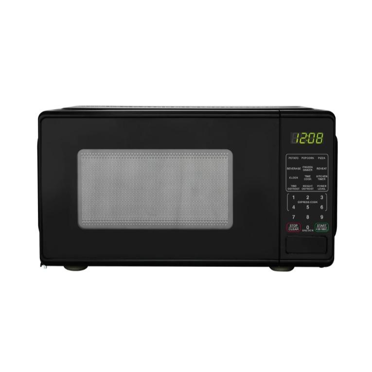 Horno microondas de encimera negro de 0,7 pies cúbicos, 700 vatios, diseño compacto, ideal para cocinar y hornear.