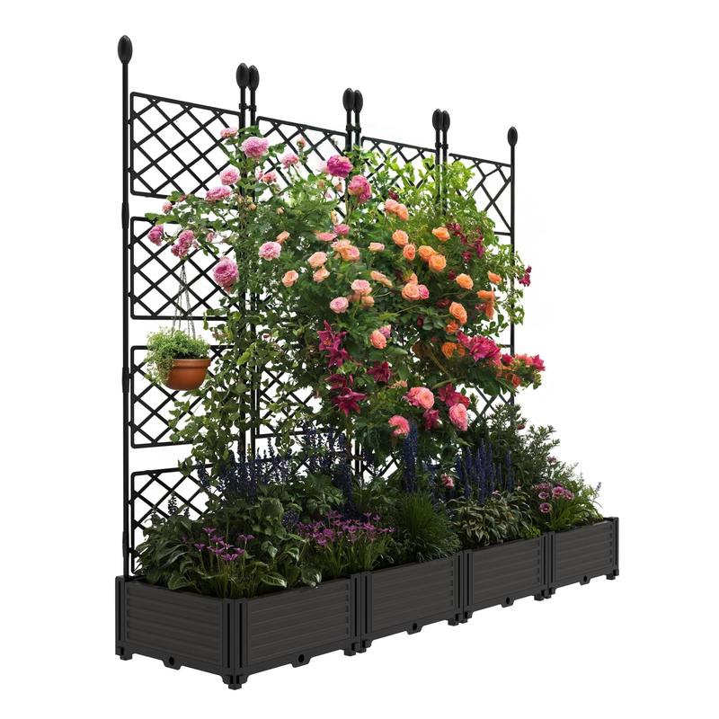 Juego de 7 macetas elevadas con enrejado, 116" de ancho x 63" de alto, de plástico, para jardín vertical exterior con plantas trepadoras, con pantalla de privacidad integrada, resistentes y ligeras para patio, balcón y jardín.