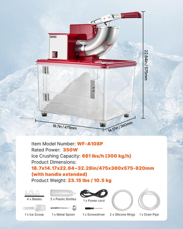 VEVOR Trituradora de hielo comercial 661LBS/H, máquina eléctrica de cono de nieve de 350 W con 4 cuchillas, máquina de hielo raspado de acero inoxidable de 2000 RPM con caja de hielo triturado de 11 gal, para restaurantes familiares, bares, rojo