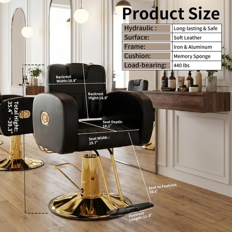 Silla de salón ergonómica dorada con cómodos cojines acolchados, silla de estilista resistente con estructura de acero, elegante silla de peluquería con tapicería de cuero, capacidad de peso de 200 kg (440 lbs).