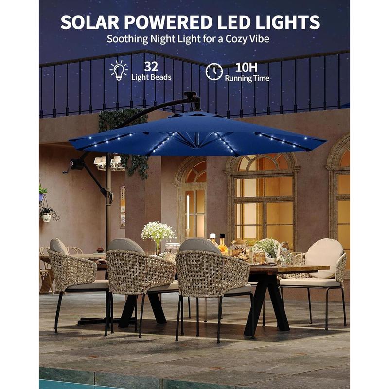 Sombrilla de patio voladiza de 3 metros con inclinación infinita | Luces LED solares, base en cruz y gran sombrilla para exteriores, ideal para jardín, piscina o césped.