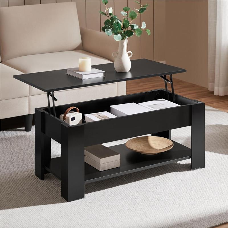 Mesa de centro elevable Yaheetech con compartimento oculto y 2 estantes abiertos. Diseño multiusos. Elevador a gas. Ideal para espacios pequeños. Perfecta para sala de estar, oficina o el hogar.