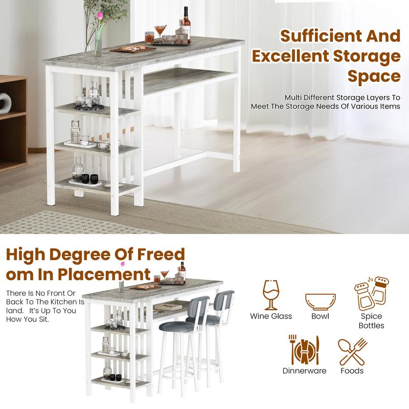 Juego de 3 mesas y sillas de bar AWQM, mesa moderna de imitación mármol blanco con 2 taburetes de bar con cojines de PU, mostrador de cocina con estantes de almacenamiento de 3 niveles, mesa que ahorra espacio para el hogar y la cocina, marco negro, juego