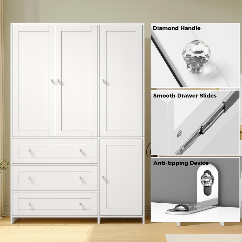 【Entrega en 2 paquetes】VOWNER Armario de madera, mueble de almacenamiento con 3 puertas y barra para colgar ropa, ideal para dormitorio. Armario alto independiente de gran capacidad con estantes.