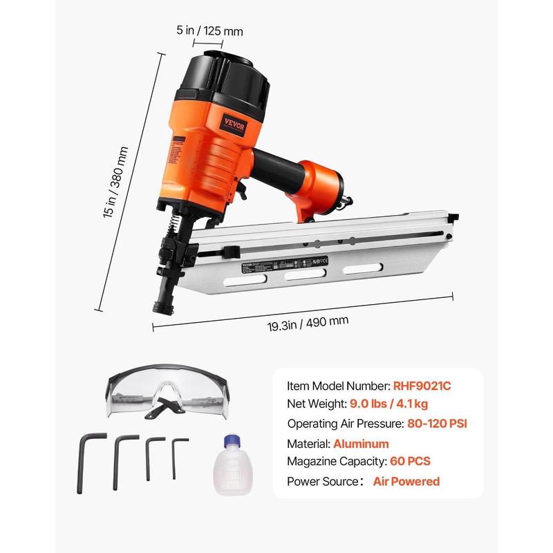 Clavadora neumática para estructuras de 2" a 3-1/2", cabeza redonda completa de 21°, 80-120 PSI.