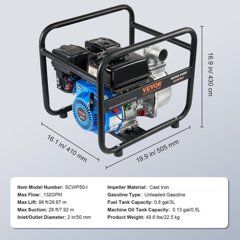 Bomba de lodos de gasolina de alta resistencia, 50 mm (2 pulg.), motor de 4 tiempos y 7 HP, bomba de transferencia de agua de 132 GPM, manguera de salida de 7,62 m (25 pies), elevación máxima de 30 m (98 pies), succión de 8 m (26 pies), impulsor de hierro