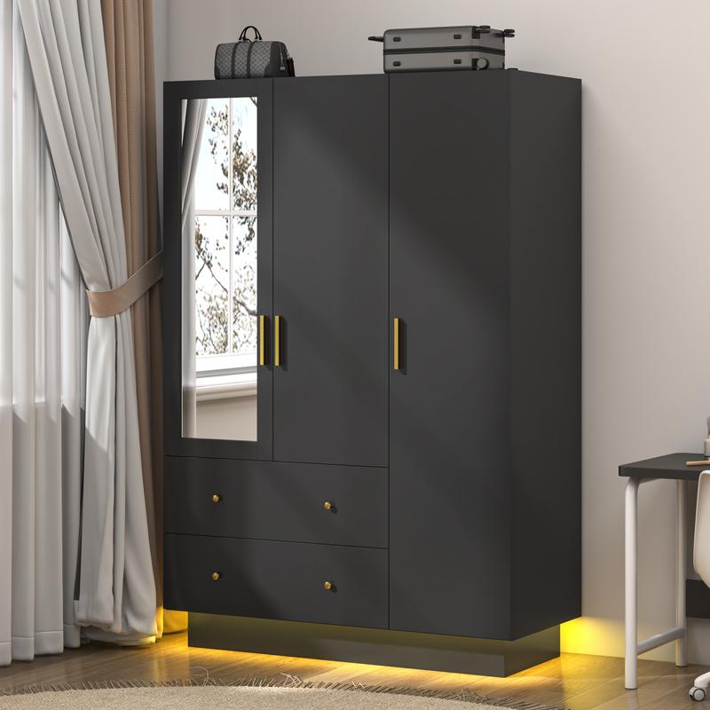 Armario moderno de 2/3 puertas con espejo, 2 cajones y luces LED RGB, armario con barra para colgar ropa para almacenamiento en el dormitorio, artículos esenciales para dormitorios, decoración del hogar