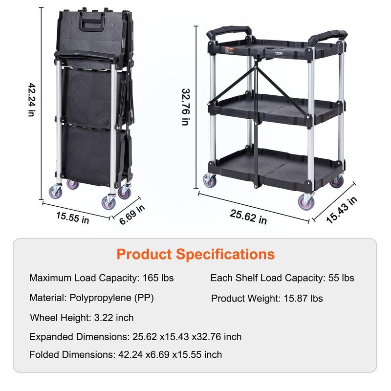 Carro de servicio móvil VEVOR de PVC resistente con 3 estantes - Capacidad de 75 kg, ruedas giratorias con bloqueo, asa ergonómica, soporte plegable con ruedas, estantes organizadores estables, ideal para artículos del hogar, hoteles y almacenes.