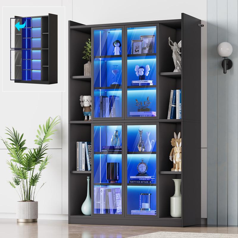 Vitrina expositora Sedeta de 162 cm (64") con puertas de cristal acrílico - Mueble alto de 6 niveles, luces LED, estantes ajustables, estética moderna y glamurosa, fácil montaje, decoración para sala de estar/oficina, decoración de habitaciones, decoració