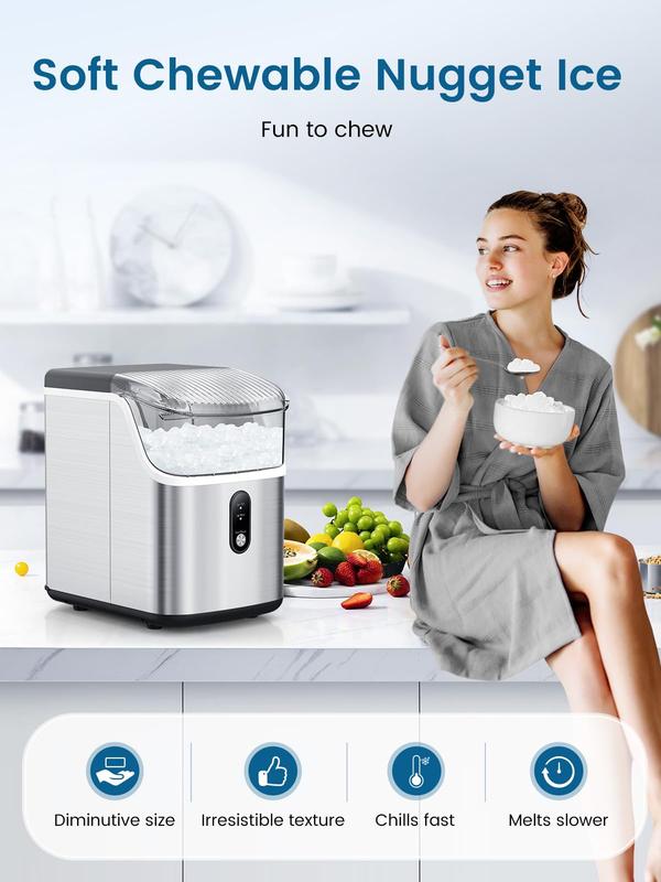 Máquina de hielo COWSAR Nugget para encimera, máquina de cubitos de hielo blandos y masticables, fabricación rápida de hielo con un solo botón, 15,4 kg/día, autolimpiante, máquina de hielo portátil de acero inoxidable.