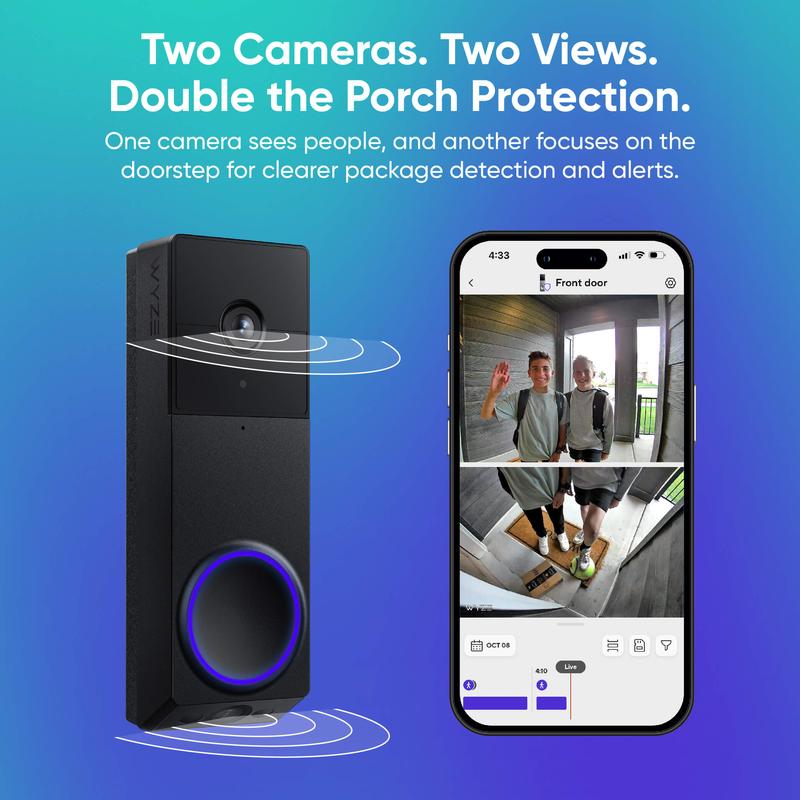 Timbre Wyze Duo Cam: funciona con batería e inalámbrico. Cámara de timbre inteligente Ring, soporte adhesivo, visión de cuerpo entero, calidad 2K, comunicación bidireccional y visión nocturna a color.