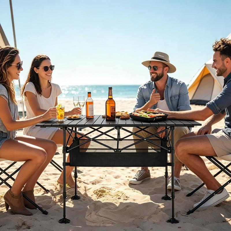 Mesa de picnic plegable portátil AORAN para exteriores, con estructura de acero resistente, mesa plegable ultraligera y compacta con gran cesta de almacenamiento de malla, diseño desmontable para playa, camping, viajes, barbacoas en el jardín y picnics.