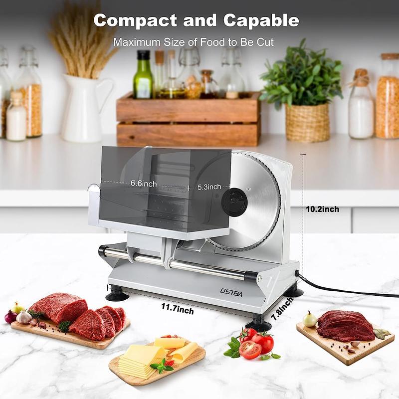 Cortadora de carne eléctrica para el hogar, cortadora de alimentos con cuchillas extraíbles de acero inoxidable de 17 cm (6,7 pulgadas), grosor ajustable de 0 a 15 mm, fácil de limpiar, 150 W, ideal para embutidos, queso, pan y frutas.